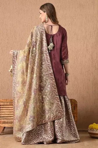  light brown sharara set with gotta zardozi and pearl work
