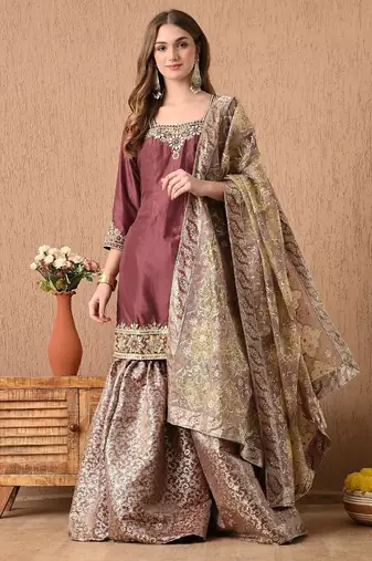  light brown sharara set with gotta zardozi and pearl work