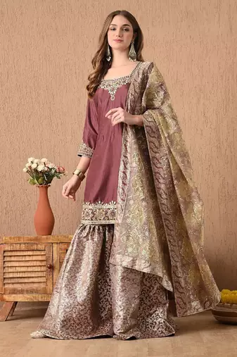  light brown sharara set with gotta zardozi and pearl work