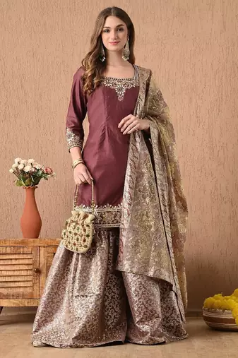  light brown sharara set with gotta zardozi and pearl work