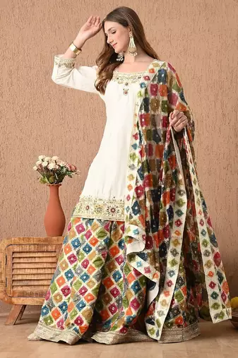 cream lehnga set with gotta zardozi thread and sequins work