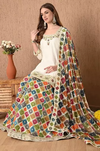 cream lehnga set with gotta zardozi thread and sequins work
