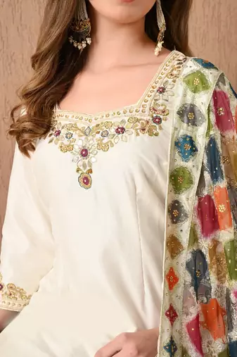 cream lehnga set with gotta zardozi thread and sequins work