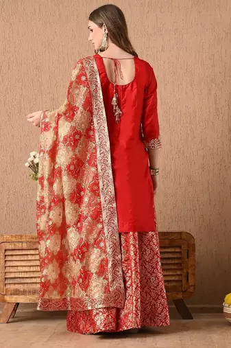 Ethereal red sharara set with gotta zardozi and sequins work