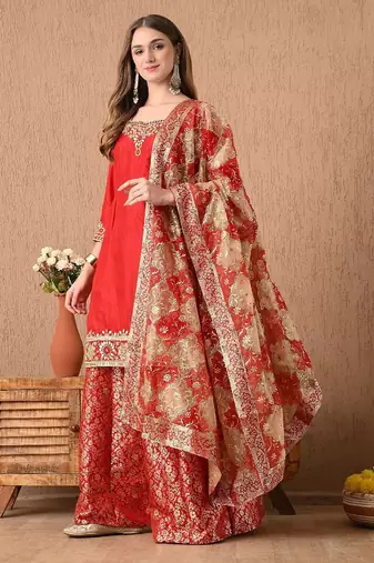 Ethereal red sharara set with gotta zardozi and sequins work