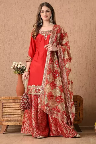 Ethereal red sharara set with gotta zardozi and sequins work