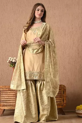 Mesmerising golden sharara set with gotta zardozi and sequins work