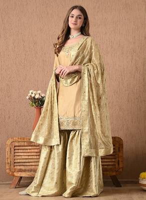Mesmerising golden sharara set with gotta zardozi and sequins work 1