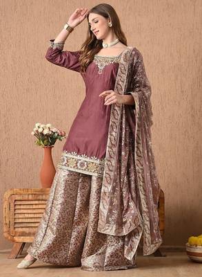 Breathtaking brownish maroon sharara set with gotta zardozi and sequins work 2
