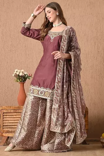 Breathtaking brownish maroon sharara set with gotta zardozi and sequins work