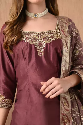 Breathtaking brownish maroon sharara set with gotta zardozi and sequins work
