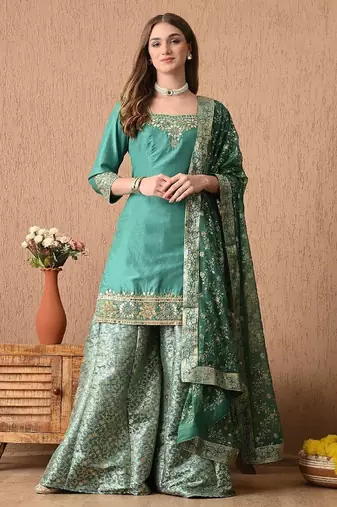 Graceful pista green sharara set with gotta zardozi and sequins work