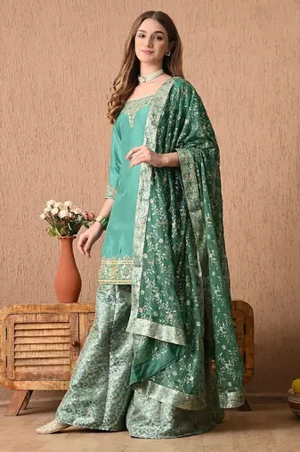 Graceful pista green sharara set with gotta zardozi and sequins work