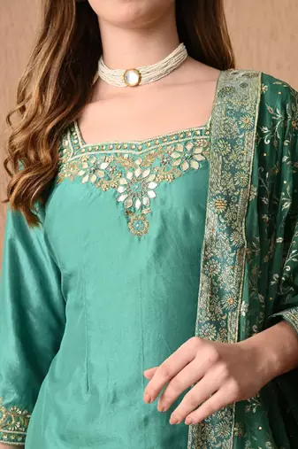 Graceful pista green sharara set with gotta zardozi and sequins work