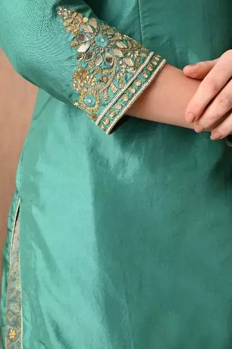 Graceful pista green sharara set with gotta zardozi and sequins work