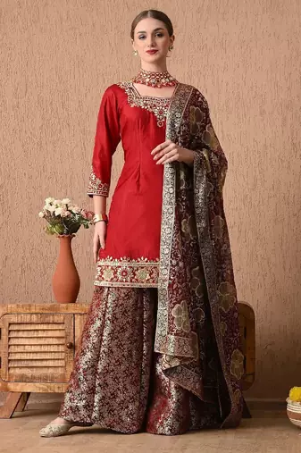 Sophesticated maroon sharara set with gotta zardozi and sequins work