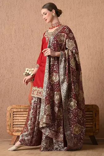 Sophesticated maroon sharara set with gotta zardozi and sequins work