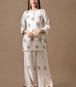 Cream silk kurta set with zardozi & pearl work