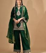 Green silk kurta set with zardozi pearl & cutdana work