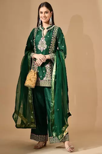 Green silk kurta set with zardozi pearl & cutdana work