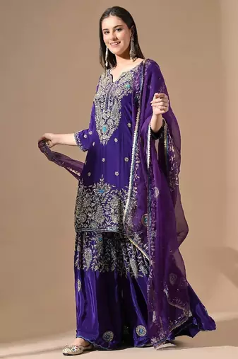 Purple sharara set with zardozi & cutdana embroidery