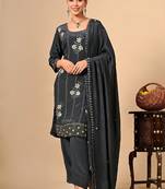 Dark grey kurta set with thread dabka and pearl work