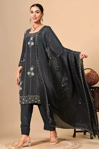 Dark grey kurta set with thread dabka and pearl work
