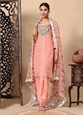 Dark peach kurta set with exceptional parsi thread and crystal work 2