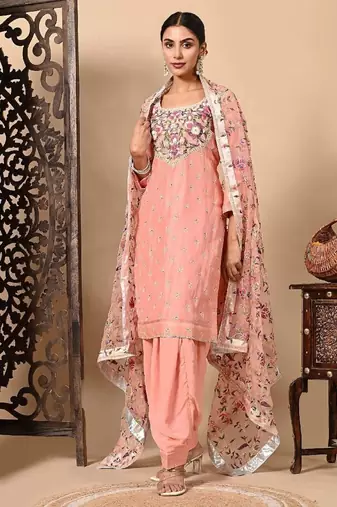 Dark peach kurta set with exceptional parsi thread and crystal work