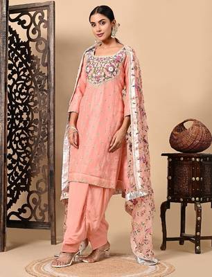 Dark peach kurta set with exceptional parsi thread and crystal work 3
