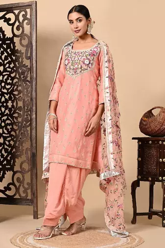 Dark peach kurta set with exceptional parsi thread and crystal work