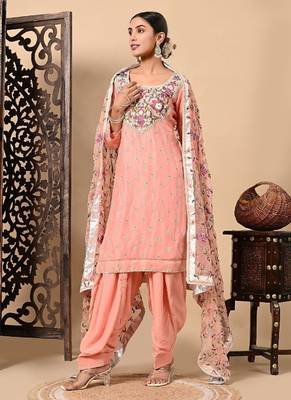 Dark peach kurta set with exceptional parsi thread and crystal work 1