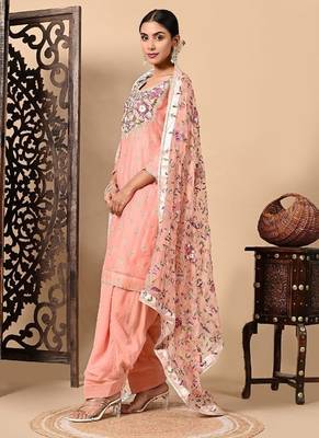 Dark peach kurta set with exceptional parsi thread and crystal work 4