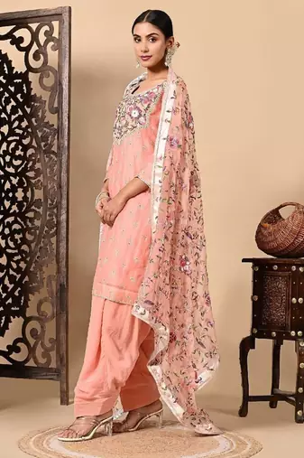 Dark peach kurta set with exceptional parsi thread and crystal work