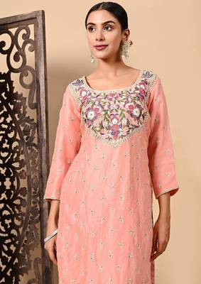 Dark peach kurta set with exceptional parsi thread and crystal work 5