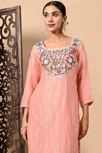 Dark peach kurta set with exceptional parsi thread and crystal work