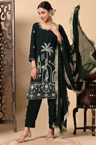 Bottle green kurta set with zardozi dabka sequins thread and pearl work
