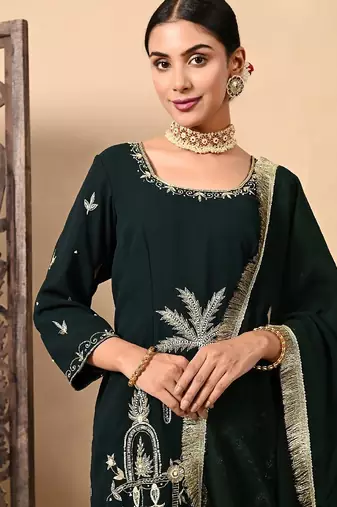 Bottle green kurta set with zardozi dabka sequins thread and pearl work