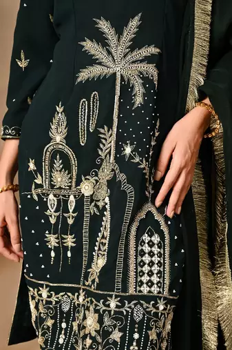 Bottle green kurta set with zardozi dabka sequins thread and pearl work