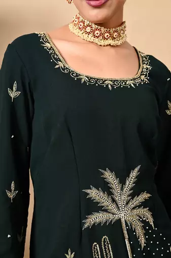Bottle green kurta set with zardozi dabka sequins thread and pearl work