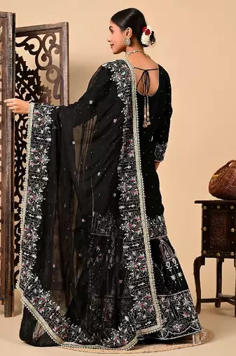 Graceful dark black sharara set with excellent work and embroidery