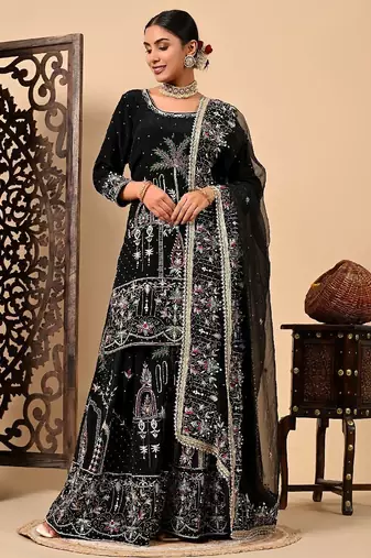 Graceful dark black sharara set with excellent work and embroidery