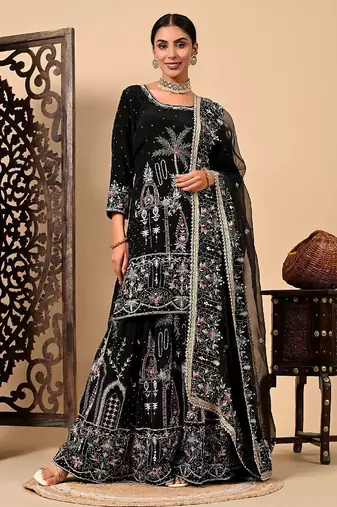 Graceful dark black sharara set with excellent work and embroidery