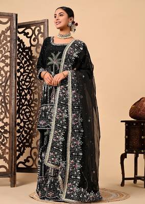 Graceful dark black sharara set with excellent work and embroidery 1