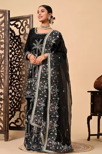 Graceful dark black sharara set with excellent work and embroidery