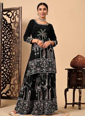 Graceful dark black sharara set with excellent work and embroidery 5