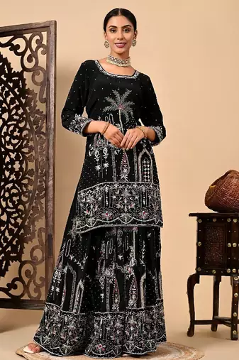 Graceful dark black sharara set with excellent work and embroidery