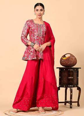 Reddish pink sharara set with peplum on kurta and thread work 1