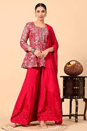 Reddish pink sharara set with peplum on kurta and thread work
