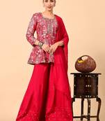 Reddish pink sharara set with peplum on kurta and thread work